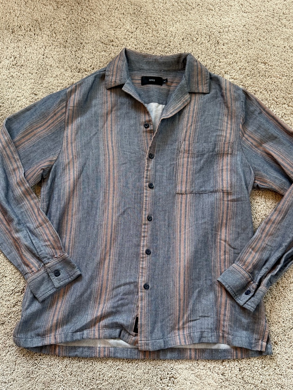 Onia Striped Button-Down Shirt in Blue and Tan S